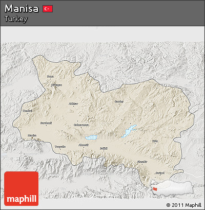 Shaded Relief 3D Map of Manisa, lighten, semi-desaturated