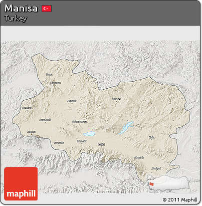 Shaded Relief 3D Map of Manisa, lighten, semi-desaturated