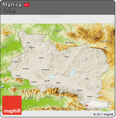 Shaded Relief 3D Map of Manisa, physical outside