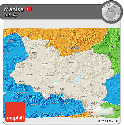 Shaded Relief 3D Map of Manisa, political outside