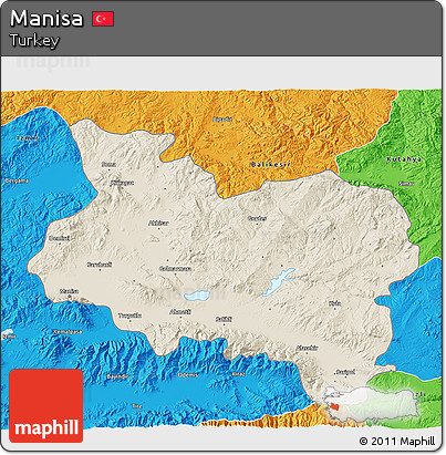 Shaded Relief 3D Map of Manisa, political outside