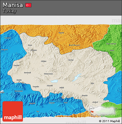 Shaded Relief 3D Map of Manisa, political outside