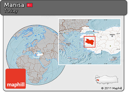 Gray Location Map of Manisa, highlighted country, hill shading