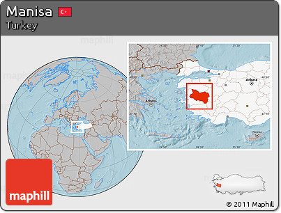 Gray Location Map of Manisa, highlighted country, hill shading