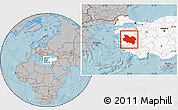 Gray Location Map of Manisa, highlighted country, hill shading