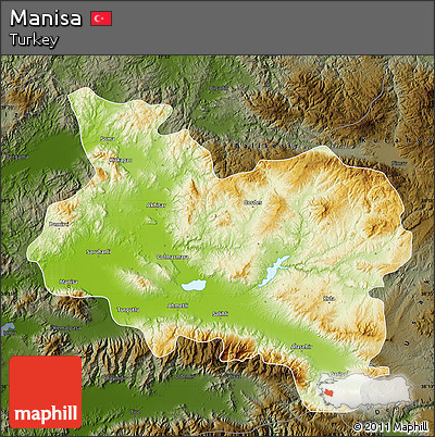 Physical Map of Manisa, darken