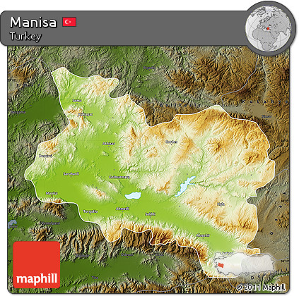 Physical Map of Manisa, darken