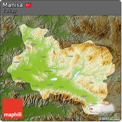 Physical Map of Manisa, darken