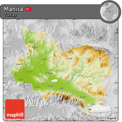 Physical Map of Manisa, lighten, desaturated