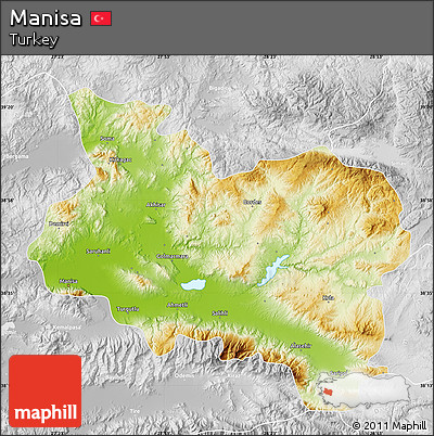 Physical Map of Manisa, lighten, desaturated