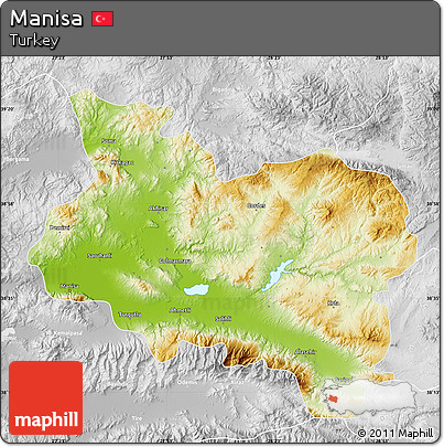 Physical Map of Manisa, lighten, desaturated