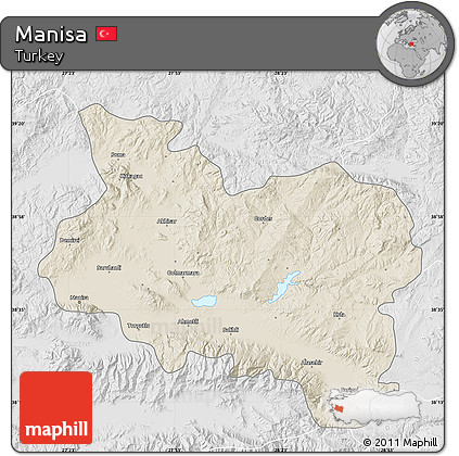 Shaded Relief Map of Manisa, lighten, desaturated