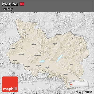 Shaded Relief Map of Manisa, lighten, desaturated