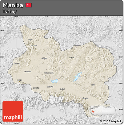 Shaded Relief Map of Manisa, lighten, desaturated
