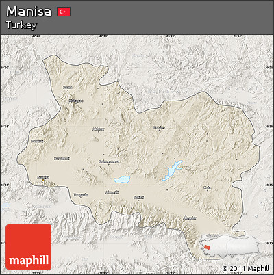 Shaded Relief Map of Manisa, lighten