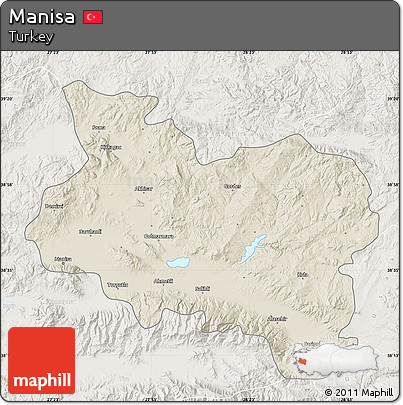 Shaded Relief Map of Manisa, lighten