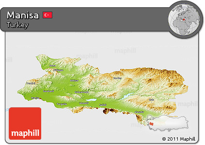 Physical Panoramic Map of Manisa, single color outside