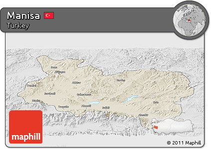 Shaded Relief Panoramic Map of Manisa, lighten, desaturated