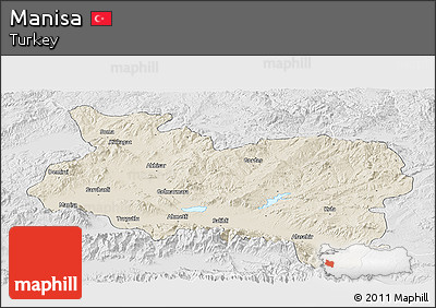 Shaded Relief Panoramic Map of Manisa, lighten, desaturated