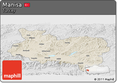 Shaded Relief Panoramic Map of Manisa, lighten, desaturated