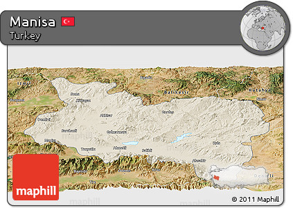 Shaded Relief Panoramic Map of Manisa, satellite outside