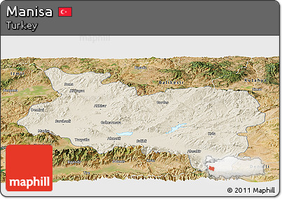 Shaded Relief Panoramic Map of Manisa, satellite outside