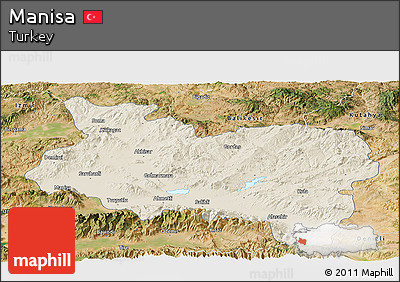 Shaded Relief Panoramic Map of Manisa, satellite outside