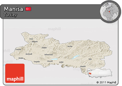 Shaded Relief Panoramic Map of Manisa, single color outside