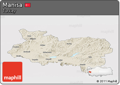 Shaded Relief Panoramic Map of Manisa, single color outside