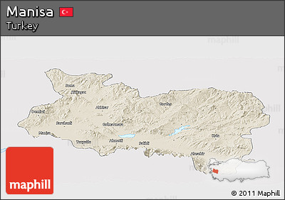 Shaded Relief Panoramic Map of Manisa, single color outside
