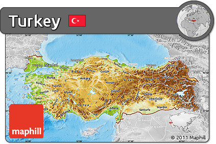 Physical Map of Turkey, lighten, desaturated, land only