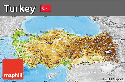 Physical Map of Turkey, lighten, desaturated, land only
