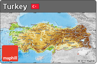 Physical Map of Turkey, lighten, desaturated, land only