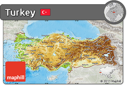 Physical Map of Turkey, lighten, semi-desaturated, land only