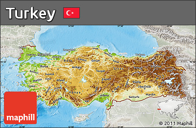 Physical Map of Turkey, lighten, semi-desaturated, land only