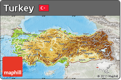 Physical Map of Turkey, lighten, semi-desaturated, land only
