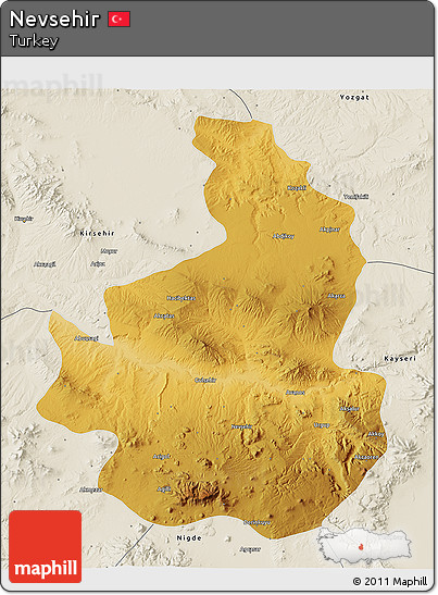 Physical 3D Map of Nevsehir, shaded relief outside