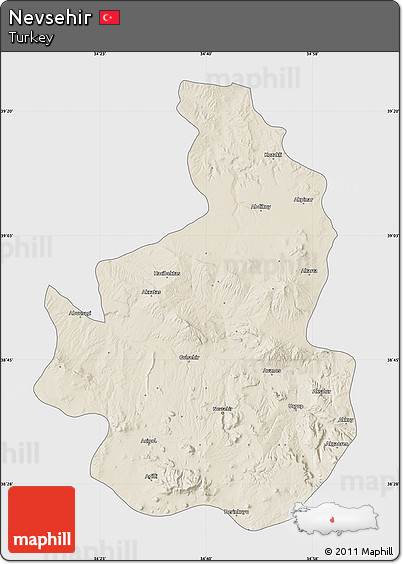 Shaded Relief Map of Nevsehir, single color outside
