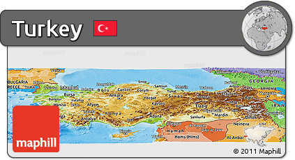 Physical Panoramic Map of Turkey, political shades outside, shaded relief sea