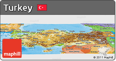 Physical Panoramic Map of Turkey, political shades outside, shaded relief sea
