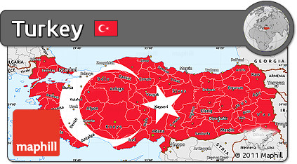 Flag Simple Map of Turkey, single color outside, borders and labels, flag centered
