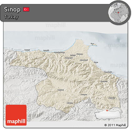 Shaded Relief 3D Map of Sinop, lighten, semi-desaturated
