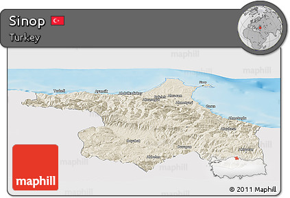 Shaded Relief Panoramic Map of Sinop, single color outside