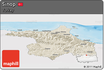 Shaded Relief Panoramic Map of Sinop, single color outside