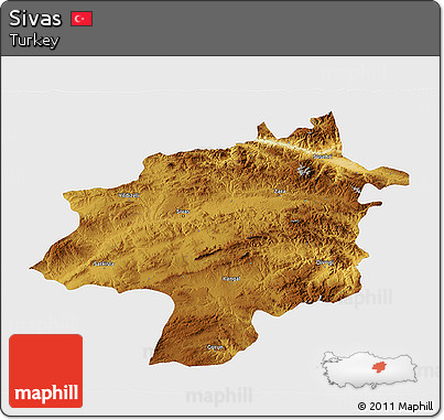 Physical 3D Map of Sivas, single color outside