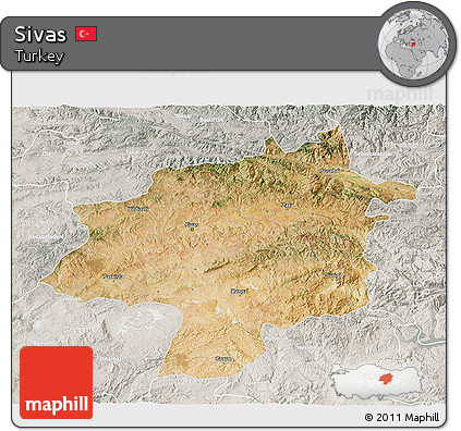 Satellite 3D Map of Sivas, lighten, semi-desaturated
