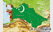 Flag Map of Turkmenistan, physical outside, flag centered