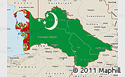 Flag Map of Turkmenistan, shaded relief outside, flag centered