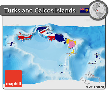 Flag 3D Map of Turks and Caicos Islands, political shades outside