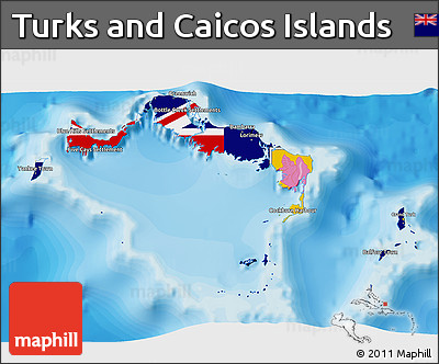 Flag 3D Map of Turks and Caicos Islands, political shades outside
